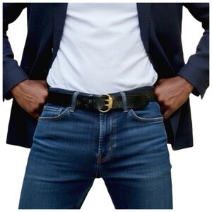 Bijan Men’s Black Leather Belt with Gold Buckle. 48”
